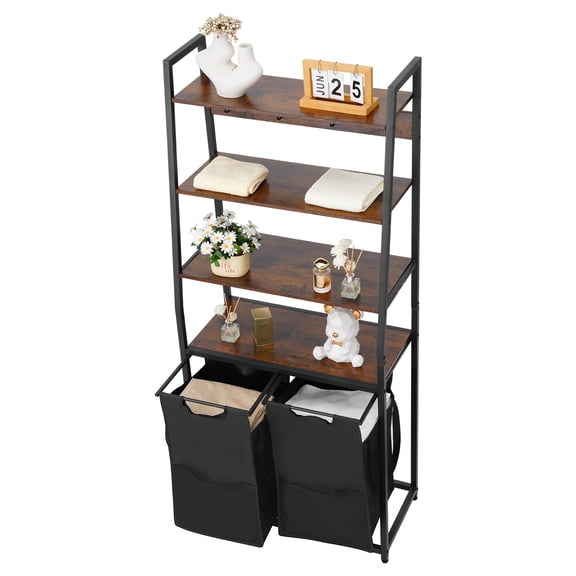 KFFKFF 4-Tier Laundry Organizer with Shelves and Hooks, Freestanding Basket with 2 Compartments, Durable 600D Oxford Cloth Bags, and Ladder Design for Sorting Clothes and Bathroom Storage