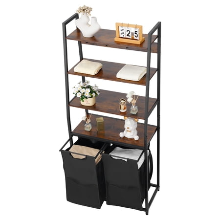 KFFKFF 4-Tier Laundry Organizer with Wheels, Freestanding Laundry Sorters with 2 Bags, 4 Shelves, Durable 600D Oxford Cloth Bags