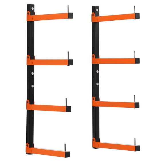 KFFKFF 4-Tier Lumber Rack, 2-Pack with 110 lbs Capacity per Tier, Foldable Wall-Mounted Wood Storage Solution for Garages, Workshops, Adjustable Heavy-Duty Steel Cantilever Arms, Orange & Black
