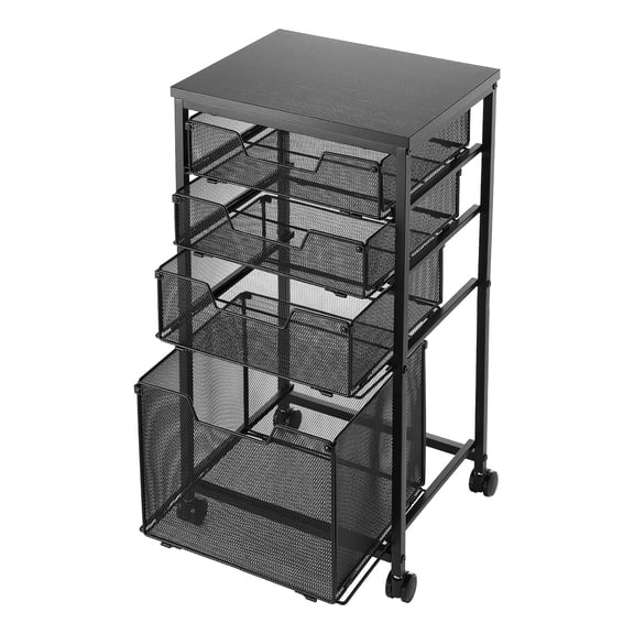 KFFKFF 4-Tier Mobile File Cart with Wheels and Drawers, Large Storage Organizer for Home or Office, Under Desk Hanging File Folder Solution, 45 lbs / 20.5 kg Max Load, Black