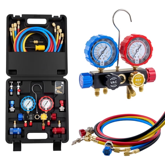 KFFKFF 4-Way AC Manifold Gauge Set for R134a R404A R1234yf R22 Refrigerants, Includes 5 ft Hoses, Adapters, Quick Couplers, and Can Taps for Automotive Air Conditioning Maintenance and Servicing