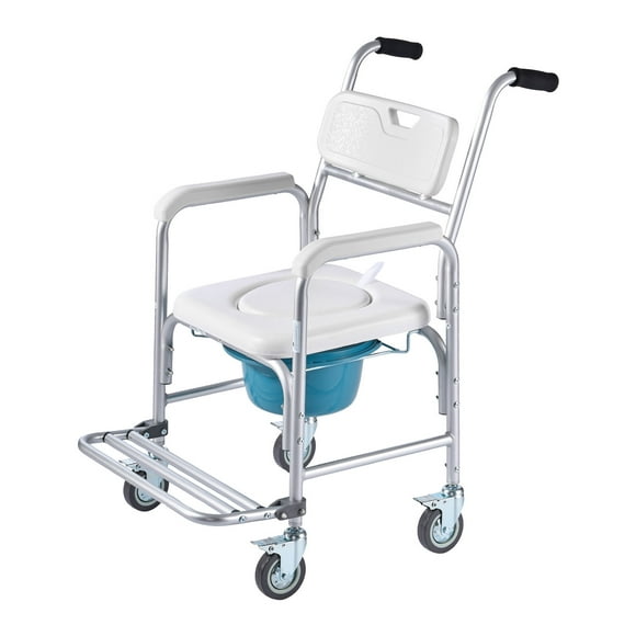 KFFKFF 4-in-1 Bedside Commode Chair with Wheels, 350 lbs Capacity, Portable Toilet and Raised Seat with Padded Seat/Backrest/Flip-up Footrest, Detachable 5L Bucket, Shower Wheelchair for Elderly