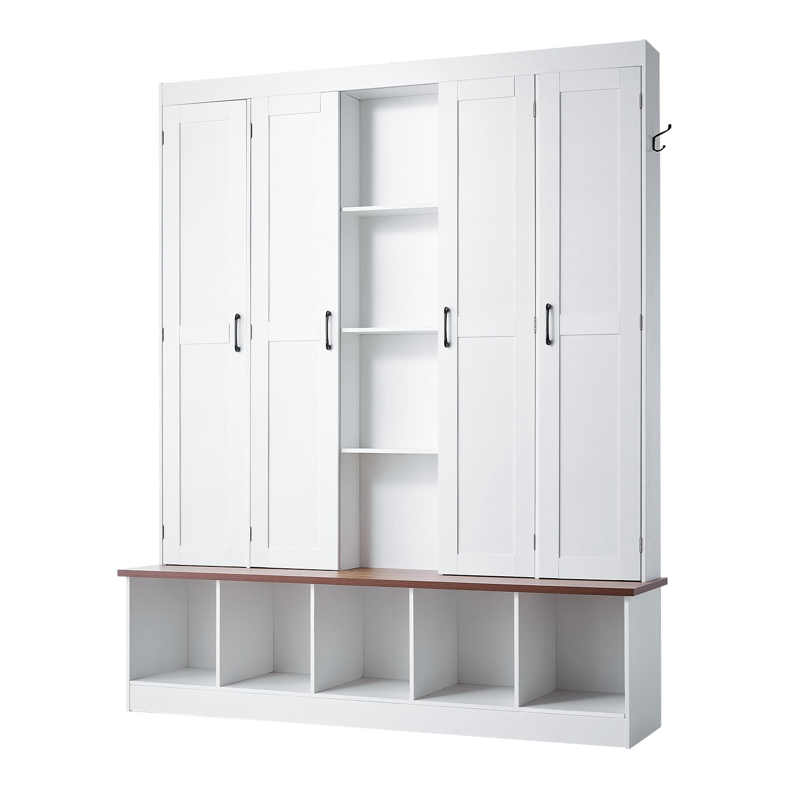 KFFKFF 4-in-1 Entryway Hall Tree with Bench, Hooks, Storage Cabinet, and Shoe Organizer, 63" Wide Wooden Furniture for Mudroom, Hallway, and Entryway, White