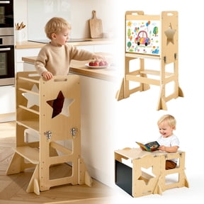 KFFKFF 4-in-1 Kids Table and Chair for Ages 1-5, Weaning Table, Step Stool with Chalkboard, Easy-to-Clean, Perfect for Kitchen, Bathroom