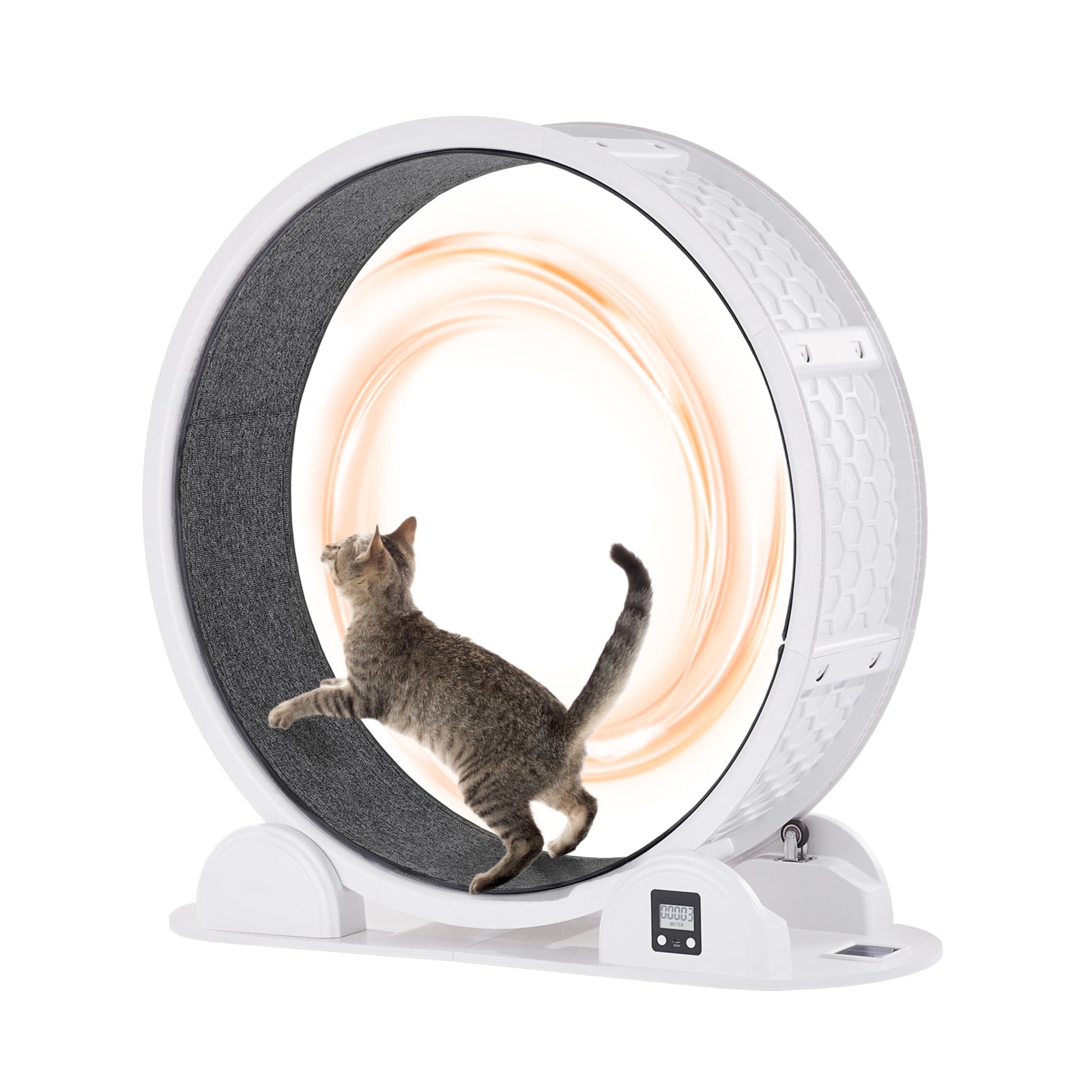 KFFKFF 40.8" Cat Exercise Wheel, Silent Cat Treadmill for Felines Below 30lbs, Feline Jogging Wheel equipped with Brake & Carpeted Pathway (White)