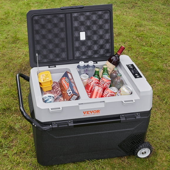 KFFKFF 40Qt Car Refrigerator Dual Zone Freezer Compressor 12v Portable Freezer with Dual Zone, 12/24V DC & 110-240V AC Electric Cooler with -4℉-50℉ Cooling Range