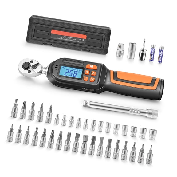 KFFKFF 42-Piece 1/4" Drive Digital Torque Wrench Set, ±2% Accuracy, LCD Display, Buzzer & LED Alerts, Includes Sockets, Bits, Extension Bar, and Adapter for Vehicle Maintenance