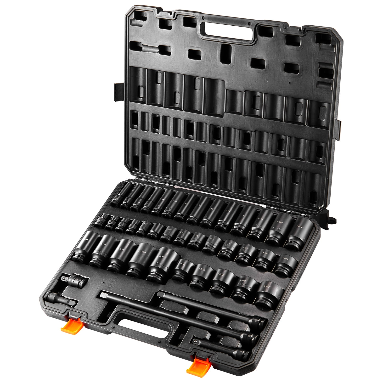KFFKFF 43-Pc Impact Socket Set, 1/2" Drive, SAE 3/8"-1-1/2", Deep & Shallow, 6-Point, Cr-Mo Steel, for Automotive Repair, Clear Size Labels, Durable, Includes Case
