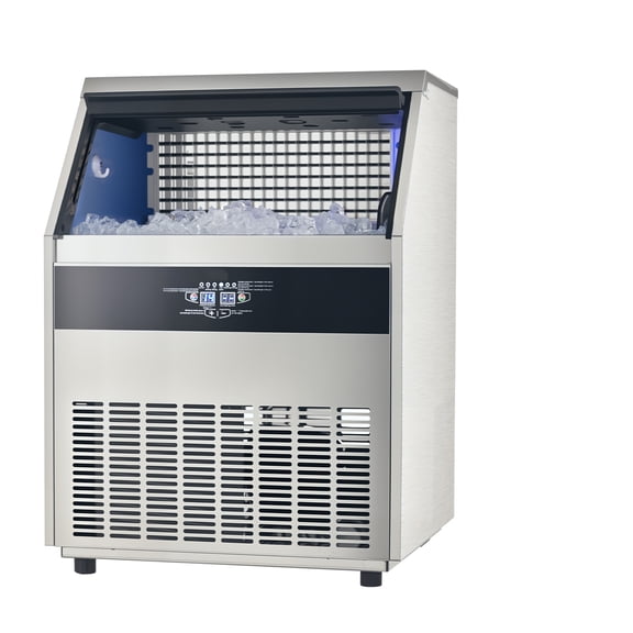 KFFKFF 440lbs/24H Business Ice Production Unit, 130lbs Ice Holding Capacity with Drainage Pump, 160 Ice Pieces in Quarter Hour, LED Numeric Screen Standalone Self-Purifying for Pub Workspace Eatery