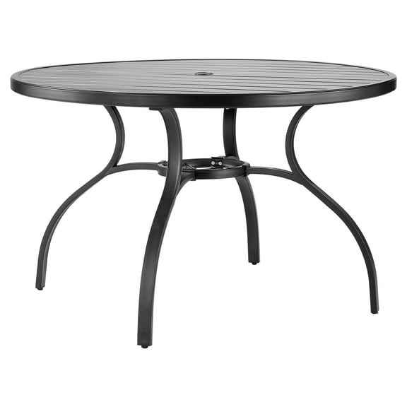 KFFKFF 47-Inch Round Outdoor Patio Dining Table, Metal Steel Slat Bistro Table with Umbrella Hole, Weather-Resistant Furniture for Garden, Lawn, Porch, or Backyard, Black