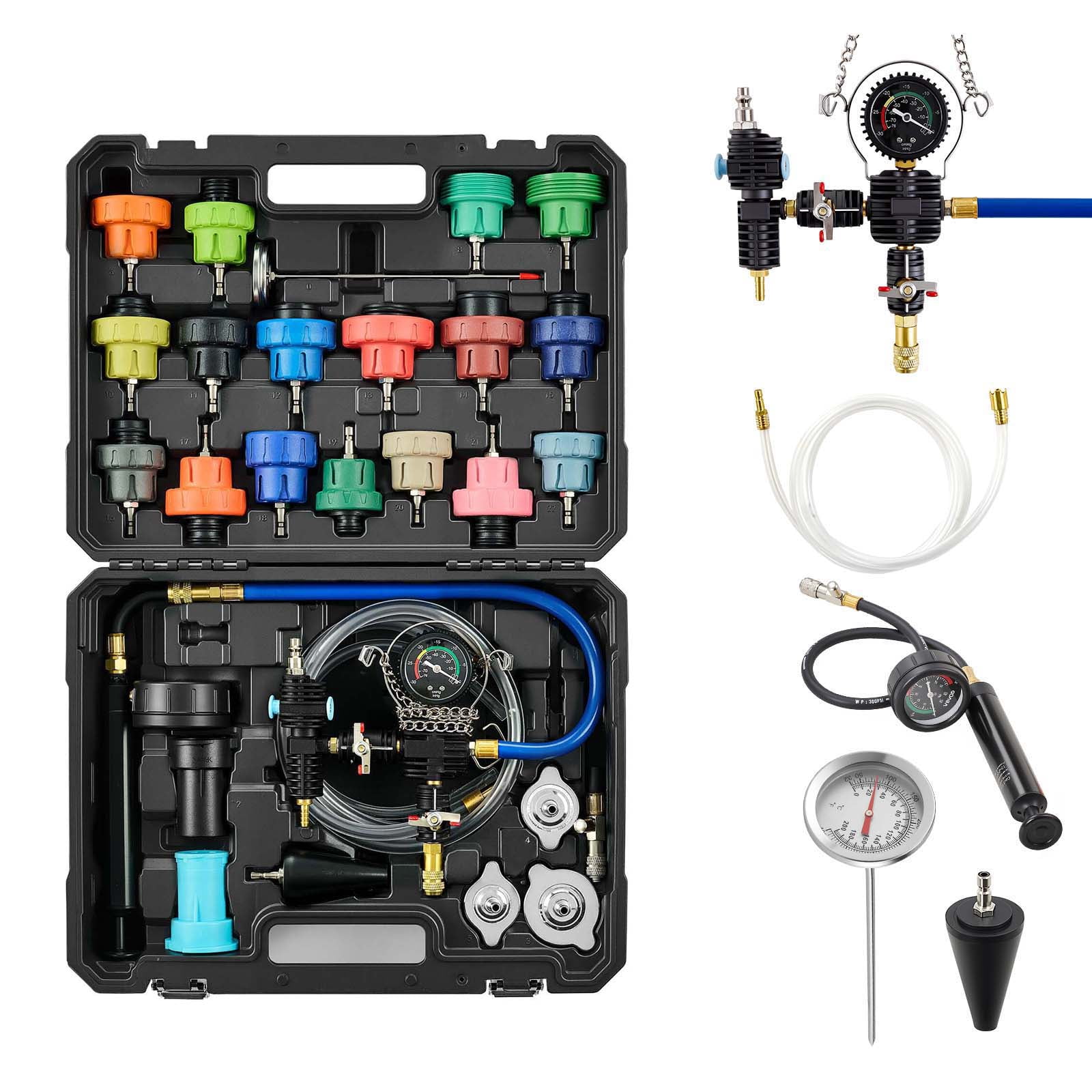 KFFKFF 47-Piece Coolant Pressure Tester Kit, Radiator Vacuum Refill Set with 3 Metal Adapters, Universal Compatibility, Automotive Cooling System Testing Tool with Pressure Pump and Plastic Filler