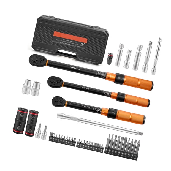 KFFKFF 47-Piece Torque Wrench Set with 1/4", 3/8", 1/2" Drives, Dual Scale Accuracy ±3%, Includes Spark Plug Sockets, Bits, Extension Bars, and Storage Case for Automotive Maintenance