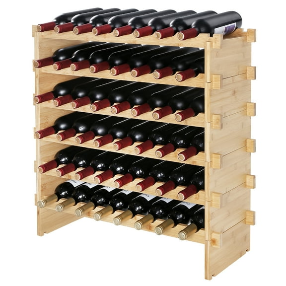KFFKFF 48-Bottle Stackable Modular Wine Rack, 6-Tier Bamboo Wood Storage Shelf, Freestanding Wine Holder for Kitchen, Bar, and Cellar (Natural Finish)