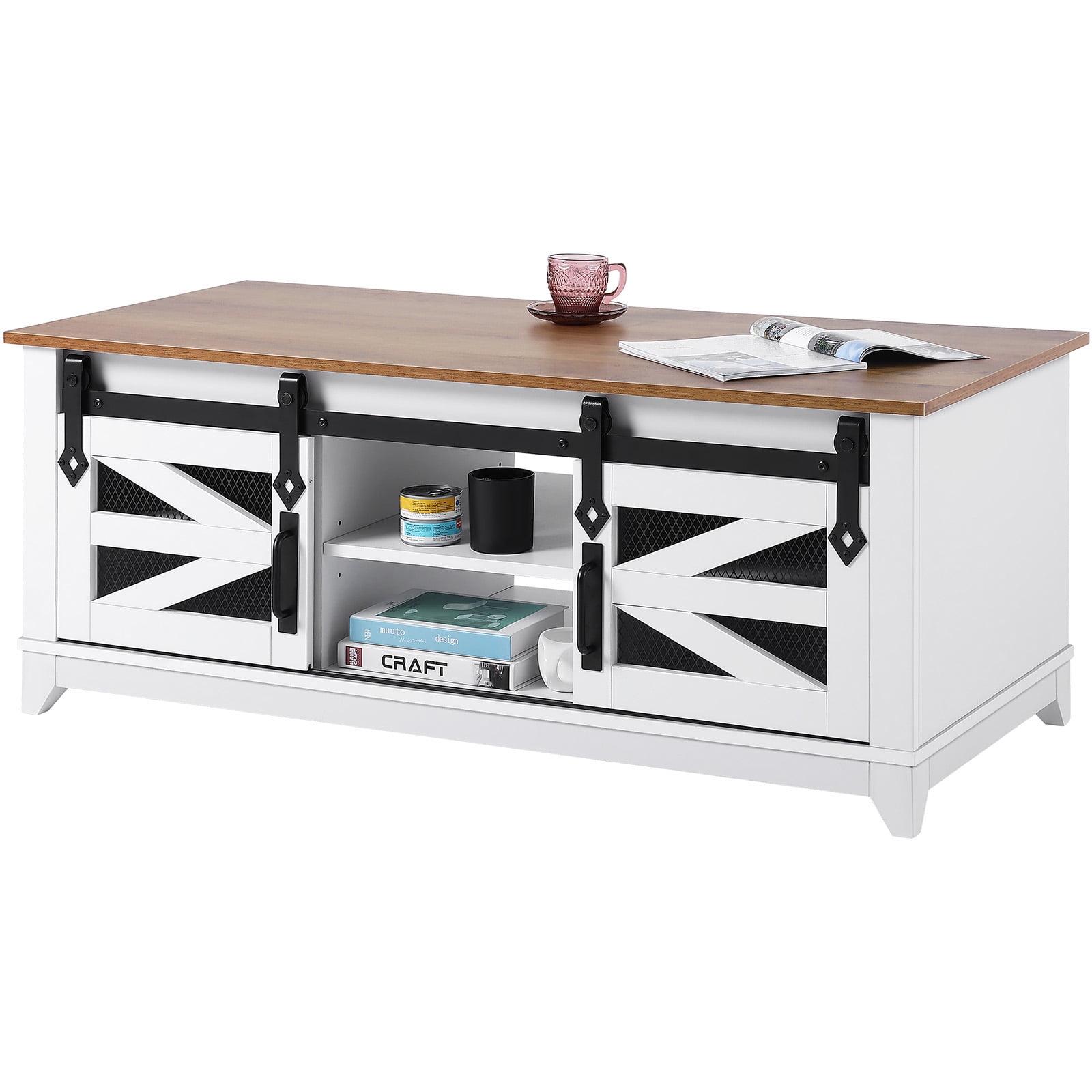 KFFKFF 48" Country-Style Coffee Table, Rectangular Table with Dual Sliding Barn Doors, Double-Layered Rustic Wooden Table with Detachable Shelves for Lounge, Bedroom, Apartment, or Studio