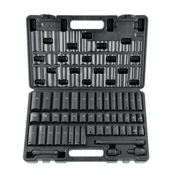 KFFKFF 48-Piece 3/8" Drive Impact Socket Set with SAE (5/16"-3/4") and Metric (8-22mm) Sizes, 6-Point Cr-V Construction, Includes Drive Extension Bar, Universal Joint, Power Drill Adapter