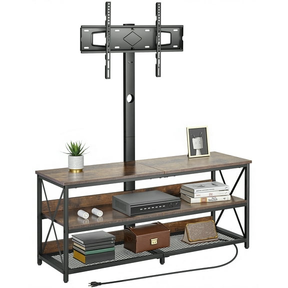 KFFKFF 48" Television Stand, Compatible with TVs up to 75", Entertainment Unit with Power Socket, Adjustable Height TV Cabinet with Mount, Featuring 3 Tier Open Storage Space for Bedroom