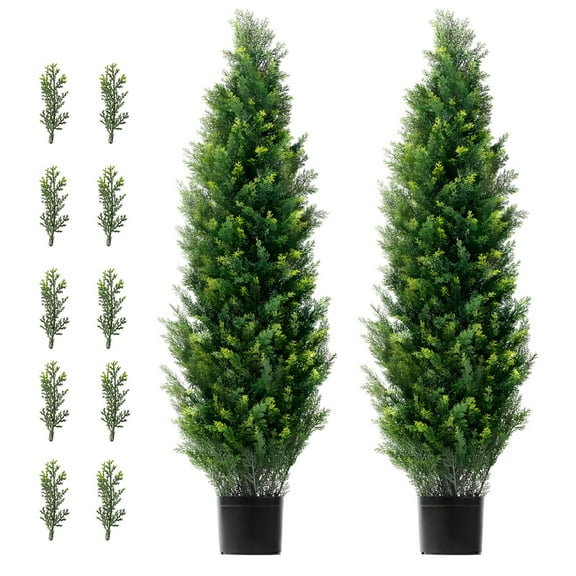 KFFKFF 48-inch Artificial Cedar Topiary Tree Set (2 Pieces) with Extra Leaves & Pot, Faux Evergreen Pine Cypress Trees for Indoor and Outdoor Decoration