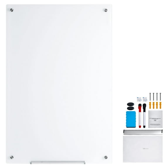 KFFKFF 48" x 32" Dry Erase Magnetic Glass Whiteboard Frameless Wall Mounted with Tray Large Glass White Board for Office, School & Home