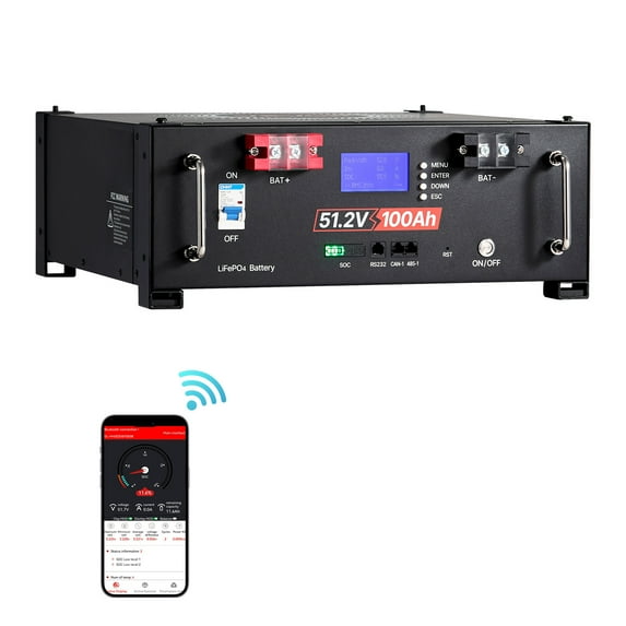 KFFKFF 48V 100Ah LiFePO4 Lithium Battery with Integrated 100A BMS, 51.2V Server Rack Design, Bluetooth Monitoring, 5.12kWh Capacity, Up to 6000 Cycles, LCD Screen, Ideal for Off-Grid, Solar Systems