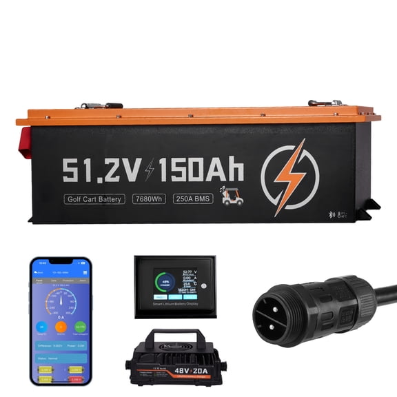 KFFKFF 48V (51.2V) 150AH Lithium Battery Kit for Golf Carts, Includes 20A Charger, Lifepo4 Technology, Integrated 250A BMS, Bluetooth & Touch Display, 2C Discharge Rate, 4000 Charge Cycles