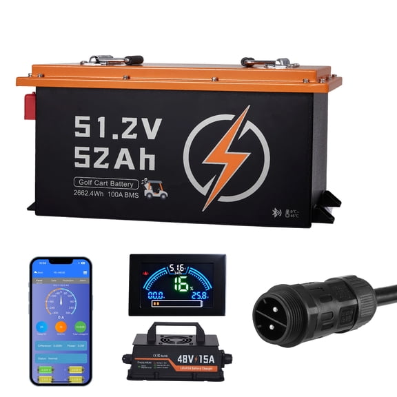 KFFKFF 48V (51.2V) 52Ah Lithium Battery Kit with 15A Charger, Lifepo4 Technology, Integrated 100A BMS, Bluetooth App & Display Monitor, 4000 Charge Cycles, Suitable for Golf Carts and Trolling Motors