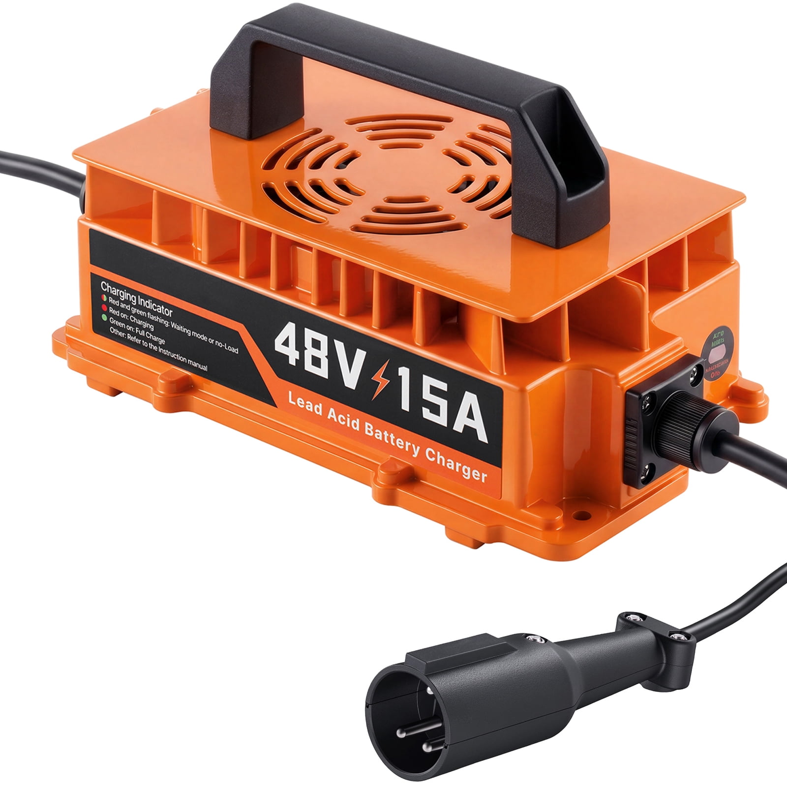 KFFKFF 48V15A Golf Cart Battery Charger with 3-Pin Round Plug,Compatible with Lead Acid Batteries,Durable Aluminum Shell,Trickle Charging Function,LED Indicators,Cooling Fan,and IP67Waterproof Design