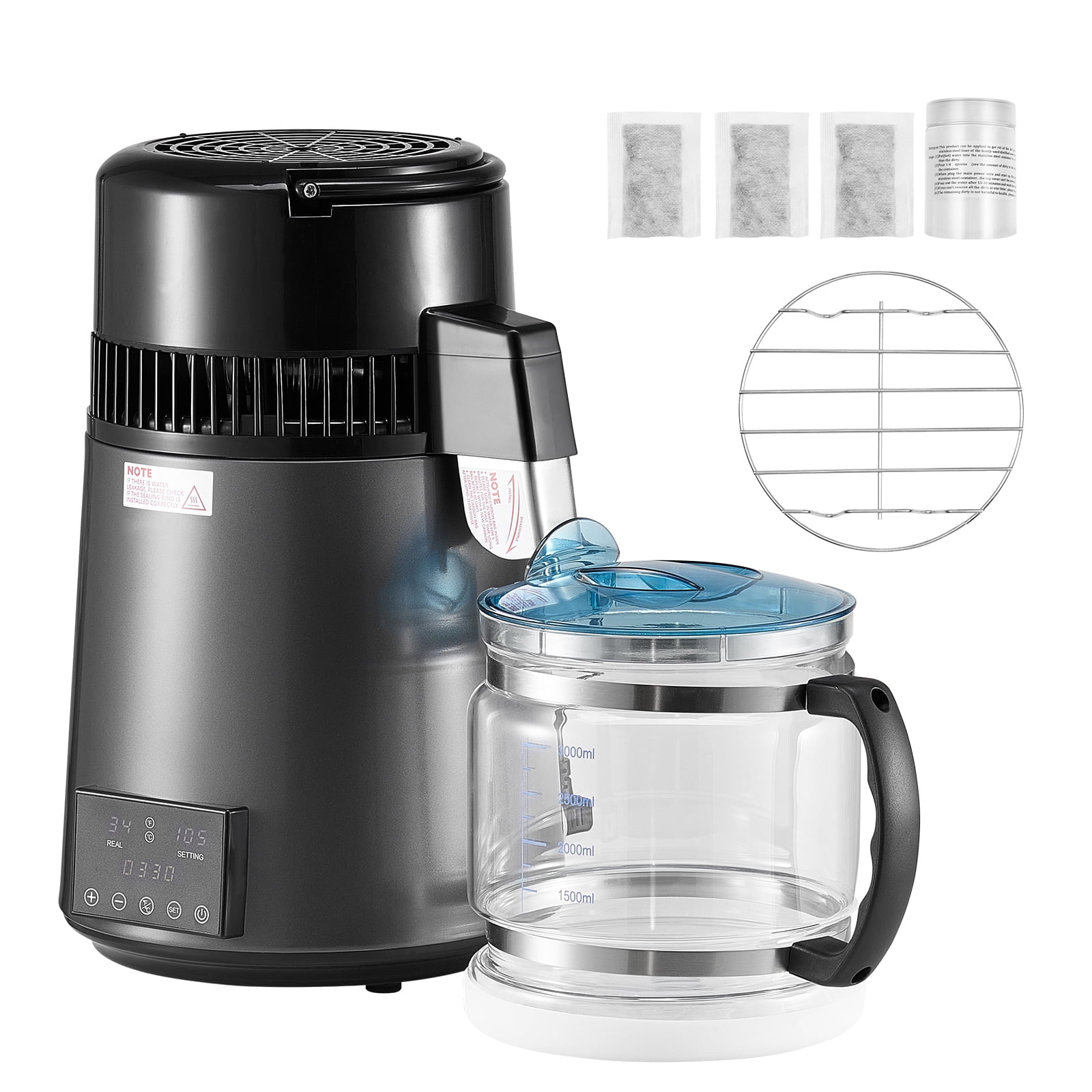 KFFKFF 4L 1.1 Gallon Water Distiller for Home Countertop, 750W Purifier with Glass Container, Stainless Steel Interior for Clean Drinking Water, Grey