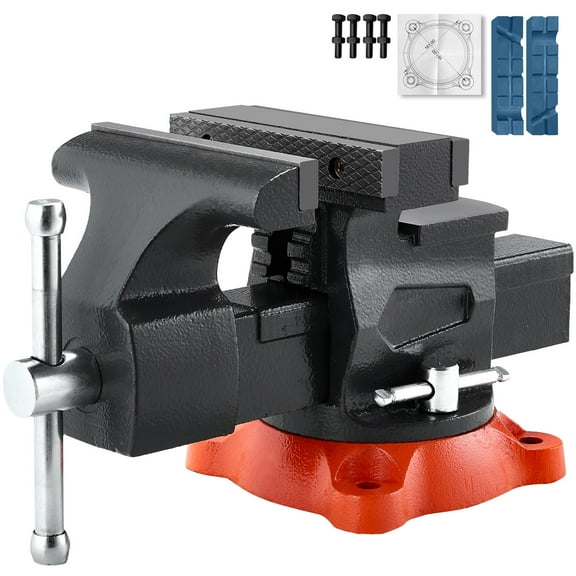 KFFKFF 5.5" Jaw Width Bench Vise, 360 Swivel Base, Heavy-Duty Ductile Iron, 5.5" Max Jaw Opening, 2.8" Throat Depth, Multipurpose Vise with Two-Way Jaws for Securing Round Pipes