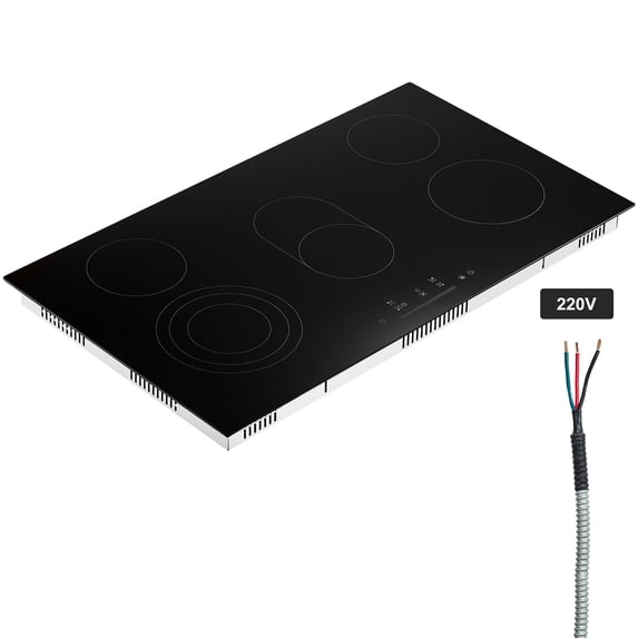 KFFKFF 5 Burner Electric Ceramic Cooktop, Built-in Countertop Burners, 36" Electric Range, 8600W, with Touch Control, Timer, Safety Lock, 9 Power Levels, 220-240V, Direct Wiring Required