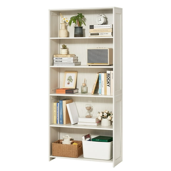 KFFKFF 5-Level Broad Bookshelf, 68-inch Wood-Based Open Bookcase with Display Storage Organizer Shelf, Independent High Display Floor Bookcase Bookshelf for Library, Bedroom, Living Room, White