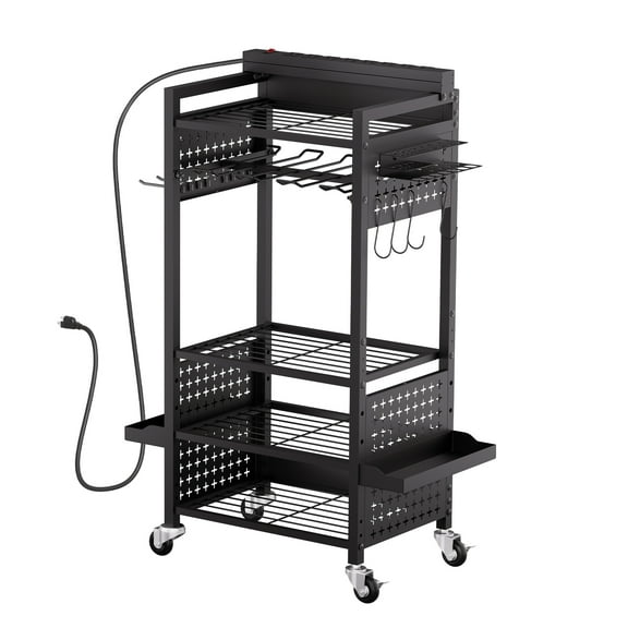 KFFKFF 5-Level Equipment Arrangement Trolley with Power Dock, 8 AC Ports, Ground-Based Mobile Drill Support and Equipment Battery Stowage Shelf on Casters, Movable Storage Trolley for Workstation