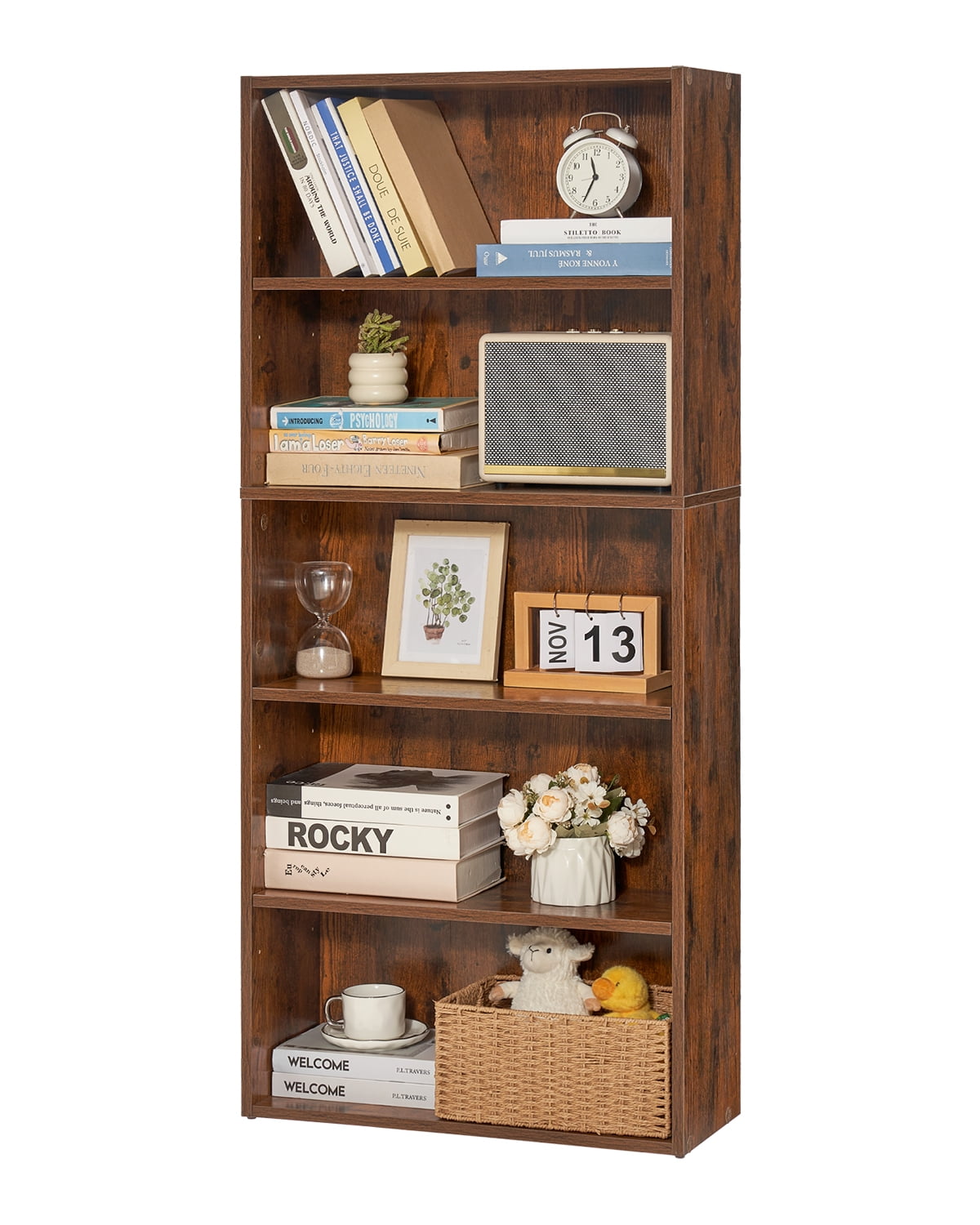 Brown Painted 5-Tier Adjustable Wood Library Bookcase