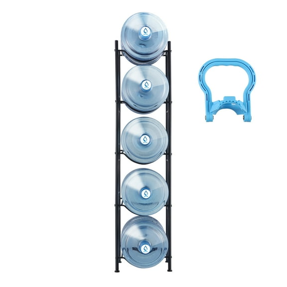 KFFKFF 5-Level Water Container Stand, 5 Gallon Water Bottle Organizer, Single Line Water Bottle Storage for 5 Units, Robust Water Container Shelf for Kitchen, Workplace, Living Area, Black