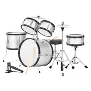 KFFKFF 5-Piece 16-Inch Junior Drum Kit for Kids, Beginner Set with Adjustable Seat, Cymbal, and Two Pairs of Drumsticks, Musical Instrument for Ages 6-13 Silver