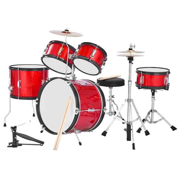 KFFKFF 5-Piece 16 in Kids Drum Set, Junior Drum Kit with Adjustable Seat, Cymbal & Two Pairs of Drumsticks, Musical Instrument for Beginners, Suitable for Ages 6-13 (Red)