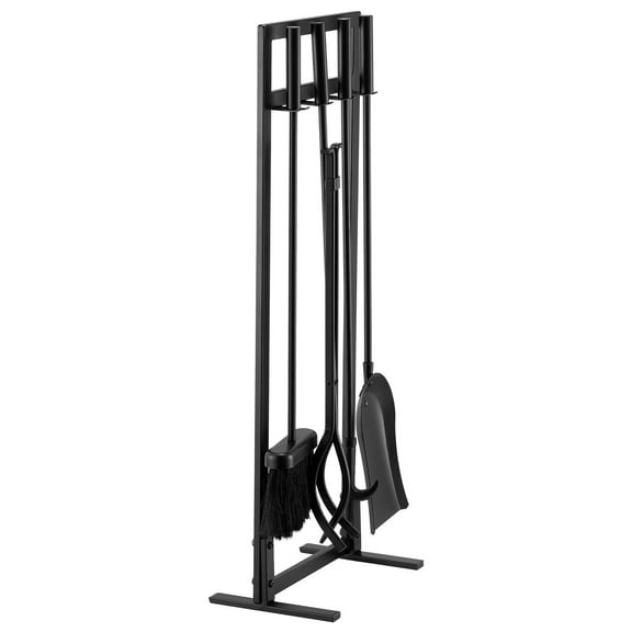 KFFKFF 5-Piece Fireplace Tool Set with Square Stand, Includes Tongs, Ash Shovel, Brush, Poker, and Wrought Iron Steel Holder for Indoor and Outdoor Use, Black