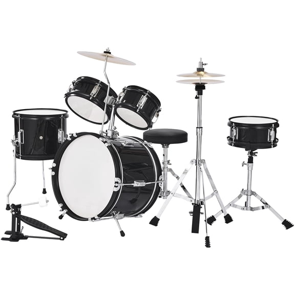 KFFKFF 5-Piece Kids Drum Set, 14-Inch Junior Drum Kit with Adjustable Seat, Cymbal, and Two Pairs of Drumsticks, Musical Instrument for Beginners, Suitable for Children Ages 6-13 (Black)