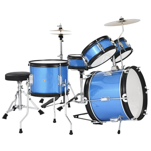 KFFKFF 5-Piece Kids Drum Set, 14-Inch Junior Drum Kit with Adjustable Seat, Cymbal, and Two Pairs of Drumsticks, Musical Instrument for Beginners, Suitable for Children Ages 6-13 (Blue)