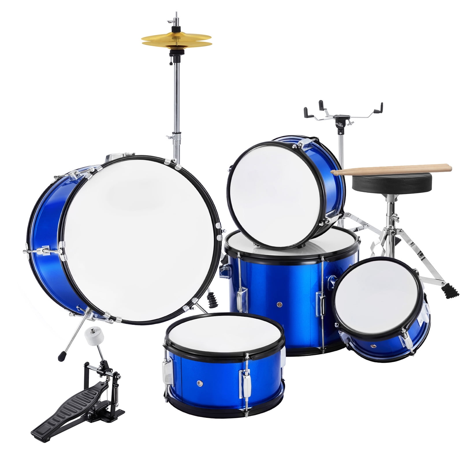 KFFKFF 5-Piece Kids Drum Set, 16-inch Beginner Drum Kit with Bass, Toms, Snare, Floor Drum, Adjustable Seat, Cymbal, Hi-Hat Pedal, and Two Pairs of Drumsticks, Starter Set for Children, Blue