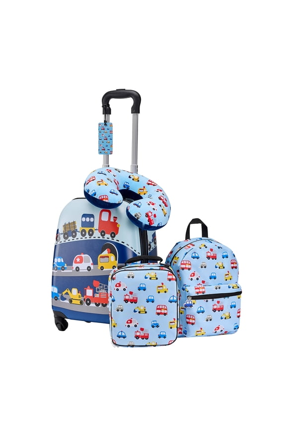 5-Piece Kids Luggage Set, 18-Inch Rolling Suitcase with Backpack & U-Shape Pillow, Hardshell Carry-On for Children, Travel Gift for Boys and Girls, Airline Compatible