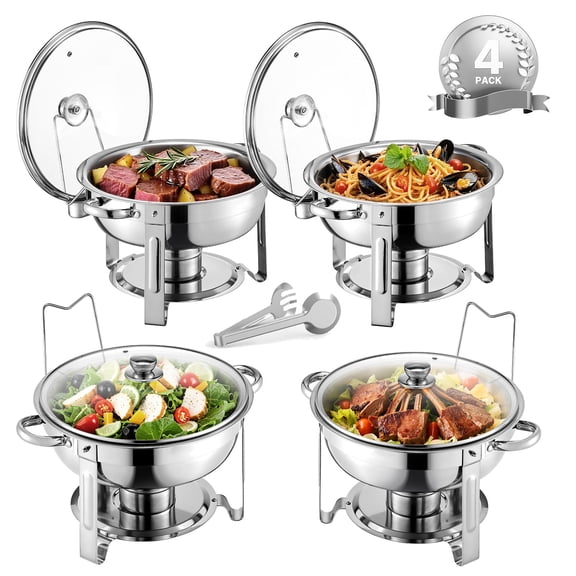 KFFKFF 5 Qt Chafing Dish Set, 4-Pack Stainless Steel Buffet Server with Glass Lid, Full-Size Pans, Folding Stand, and Fuel Holder for Catering, Weddings, Parties, and Banquets