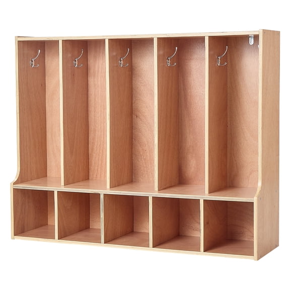 KFFKFF 5-Section Wooden Kids Coat Locker, Toddler Storage Organizer with 10 Hooks & Non-Slip Mat, Modern Cubby Design with 5 Open Compartments for Home, Preschool, Daycare, Natural Finish