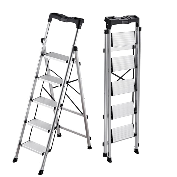 KFFKFF 5-Step Folding Ladder with Wide Non-Slip Pedals and Comfortable Handgrip, 330 lbs Capacity, Lightweight Aluminum Design for Home, Office, Kitchen, and Warehouse Use, Silver