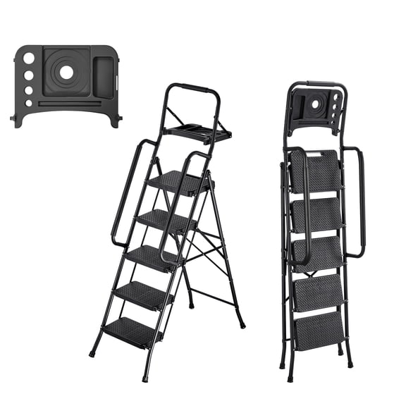 KFFKFF 5-Step Folding Ladder with Wide Non-Slip Pedals, Tool Tray, Dual Handrails, 600 lbs Capacity, Portable Steel Ladder for Kitchen, Home, and Office Use, Black