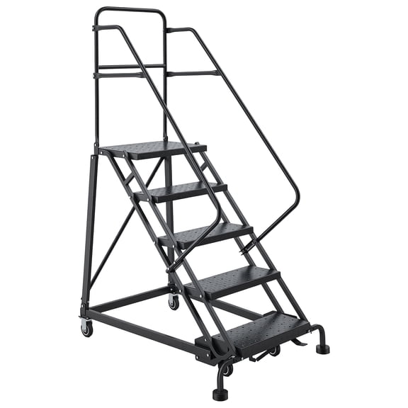 KFFKFF 5-Step Mobile Warehouse Ladder, Industrial Steel Step Stair with Handrails, Anti-Slip Perforated Steps & Locking Wheels, 450LBS Capacity Platform Ladder for Garage or Library