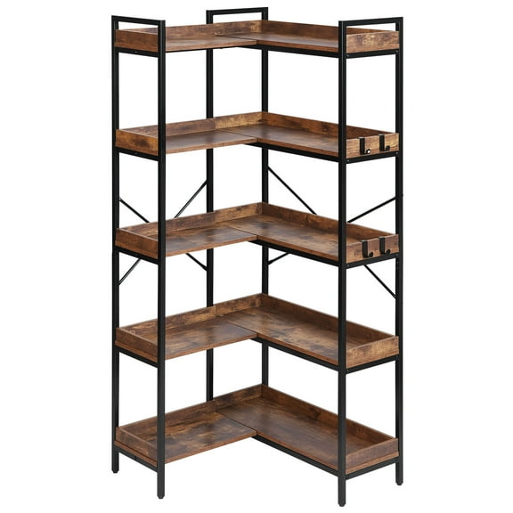 KFFKFF 5-Tier Corner Bookshelf with 4 Hooks, 65.4" Tall L-Shaped Bookcase with Sturdy Metal Frame & Wooden Shelves, Industrial Corner Display Shelf for Bedroom, Living Room, Office