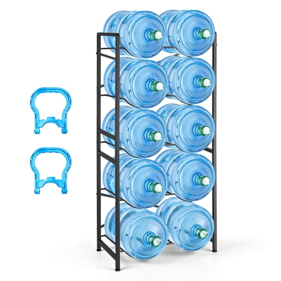 KFFKFF 5-Tier Double Row Water Jug Rack, Holds 10 Bottles (3 & 5 Gallon), Durable Organizer with Handles, Easy to Assemble, Suitable for Kitchen, Office, or Living Room, Black