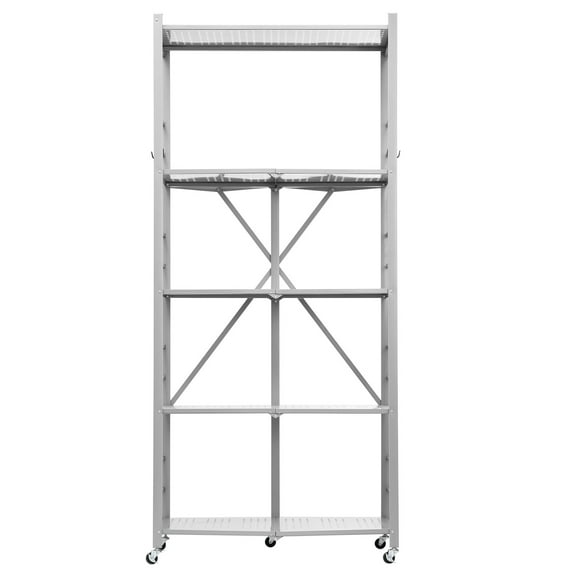 KFFKFF 5-Tier Foldable Storage Shelf with Wheels, 32-inch W x 14-inch D x 72-inch H Metal Rack Shelving Unit, Durable Organizer Shelf for Garage, Kitchen, Basement, Grey