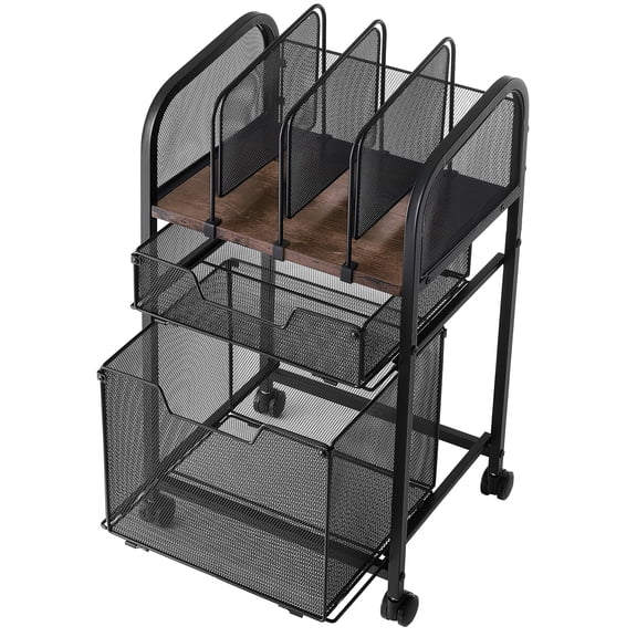KFFKFF 5-Tier Mobile File Cart with Wheels and Drawers, Large Storage Organizer for Home or Office, Fits Under Desk, Supports Up to 45 lbs / 20.5 kg, Black