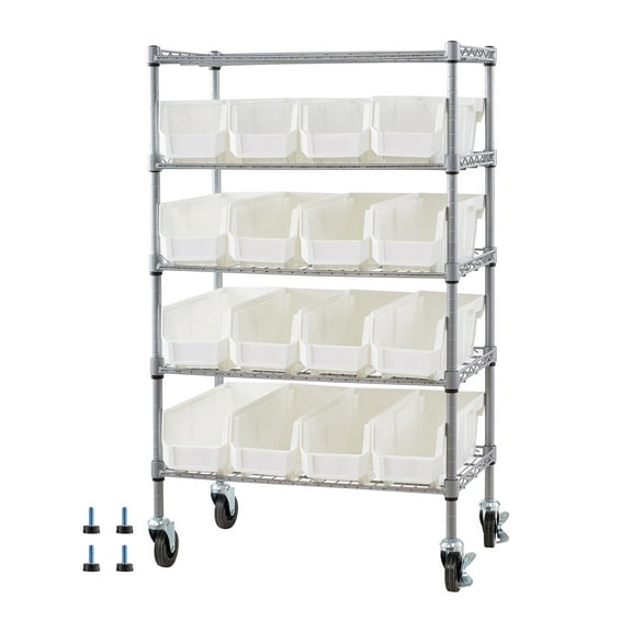 KFFKFF 5-Tier Rolling Storage Rack with 16 Organizer Bins, Steel Wire Shelving System on Wheels, Mobile Organizer for Garage, Warehouse, Office, Restaurant, Classroom, and Kitchen